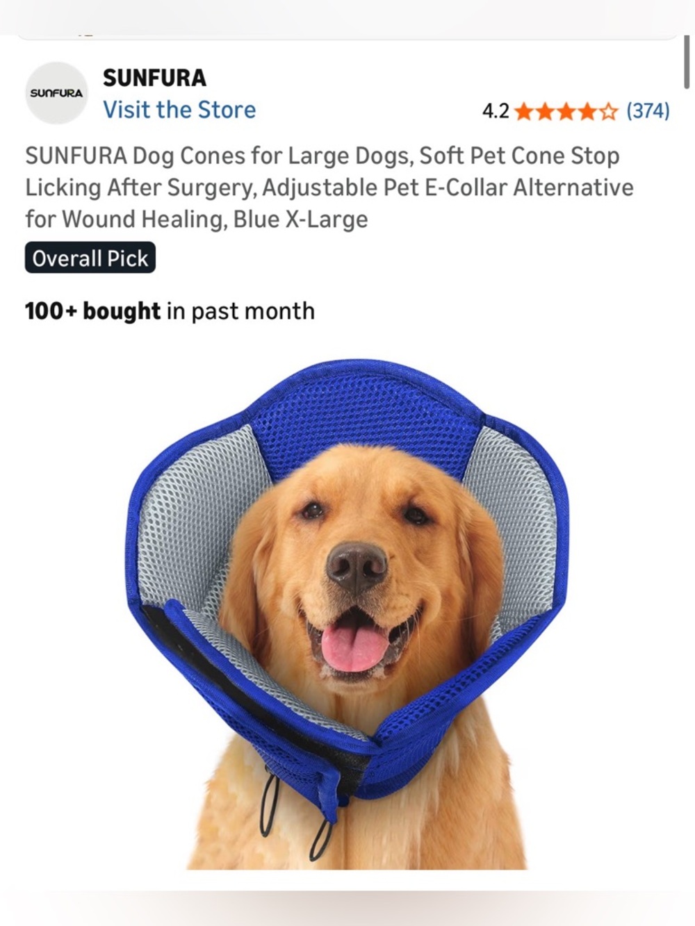 SUNFURA Dog Cones for Large Dogs, Soft Pet Cone Stop Licking X-Large, Blue